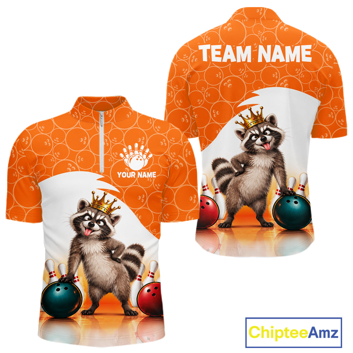 Custom Funny Raccoon Orange Bowling Jersey For Men Bowling Polo & 1/4 Zip Bowling Team Shirts NBT1155