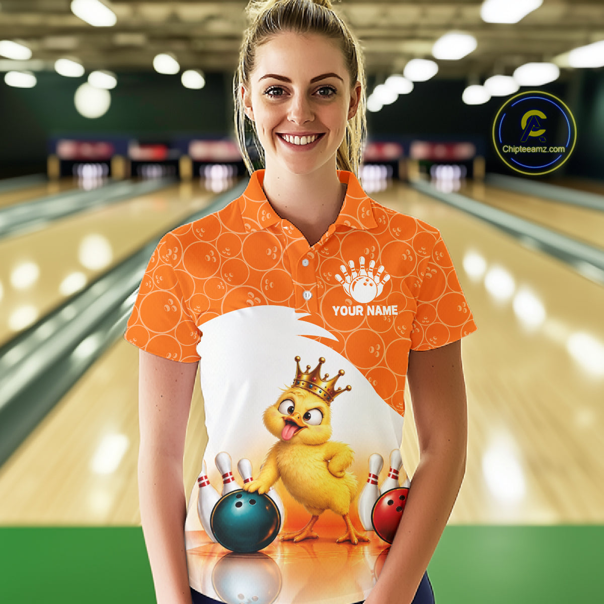 Custom Funny Chick Orange Bowling Jersey For Women Bowling Polo & 1/4 Zip Bowling Team Shirts NBT1156