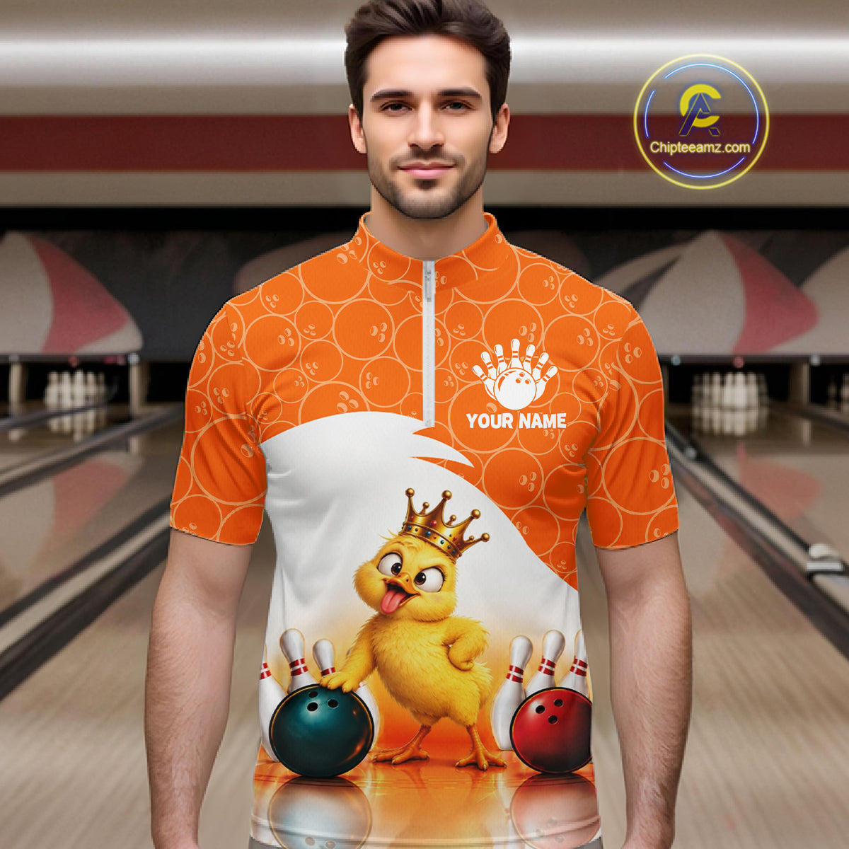Custom Funny Chick Orange Bowling Jersey For Men Bowling Polo & 1/4 Zip Bowling Team Shirts NBT1156