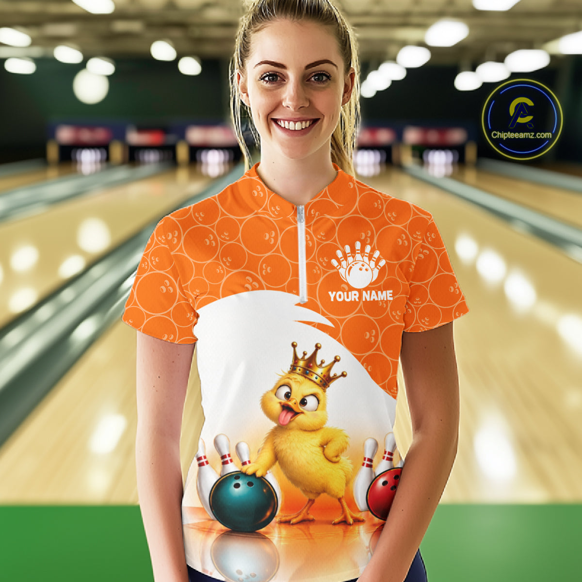 Custom Funny Chick Orange Bowling Jersey For Women Bowling Polo & 1/4 Zip Bowling Team Shirts NBT1156