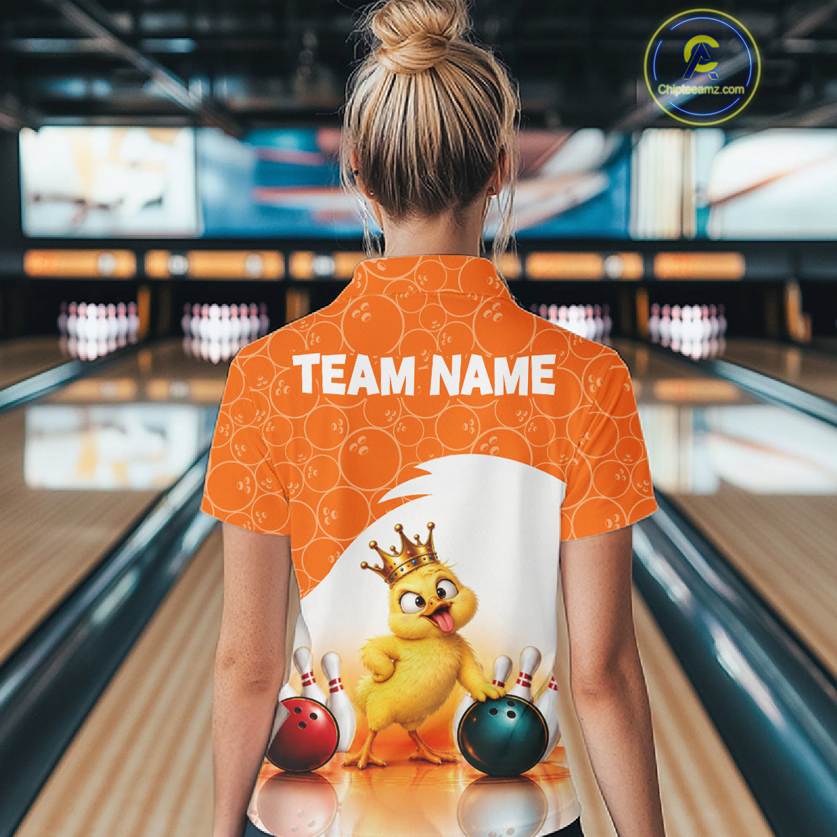 Custom Funny Chick Orange Bowling Jersey For Women Bowling Polo & 1/4 Zip Bowling Team Shirts NBT1156