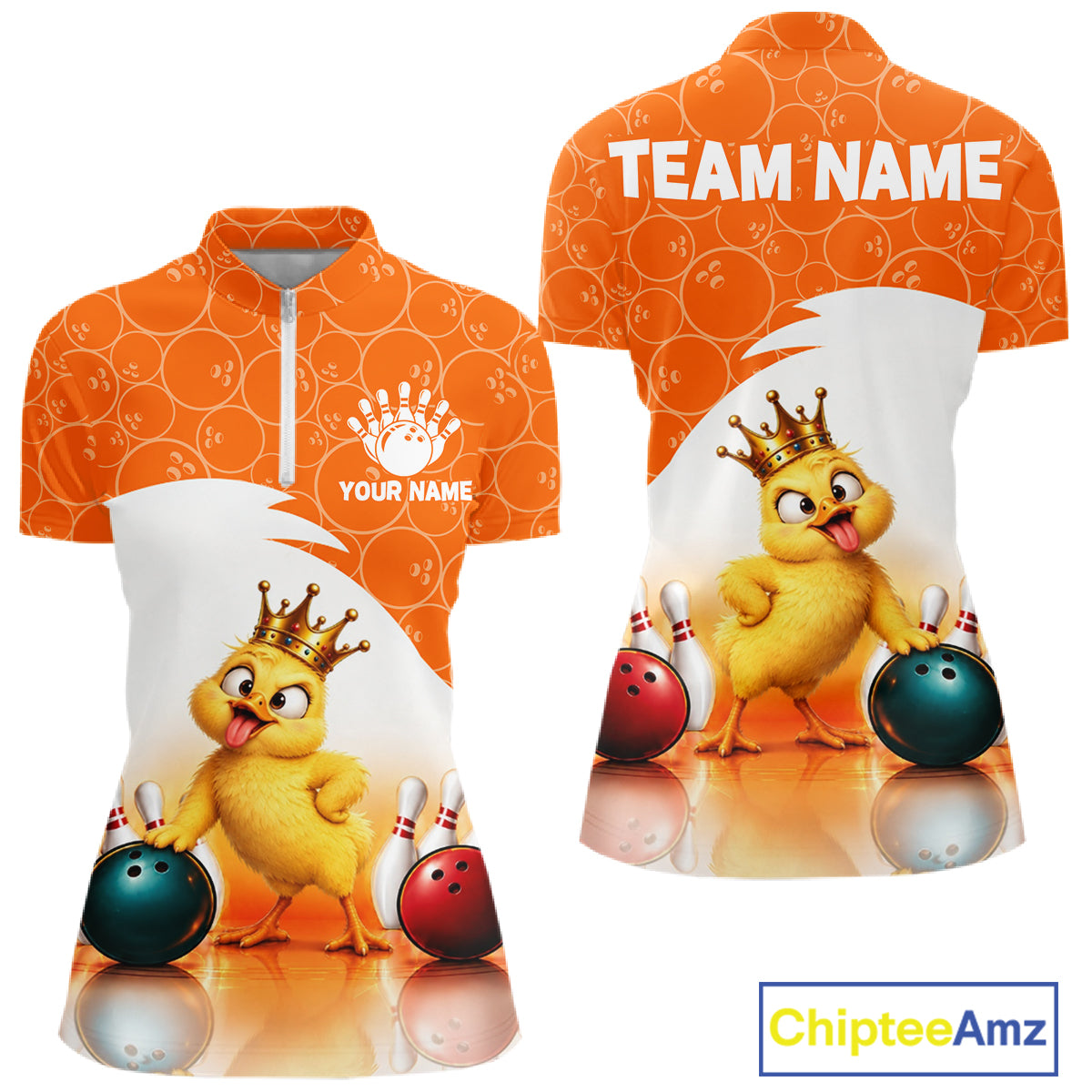 Custom Funny Chick Orange Bowling Jersey For Women Bowling Polo & 1/4 Zip Bowling Team Shirts NBT1156