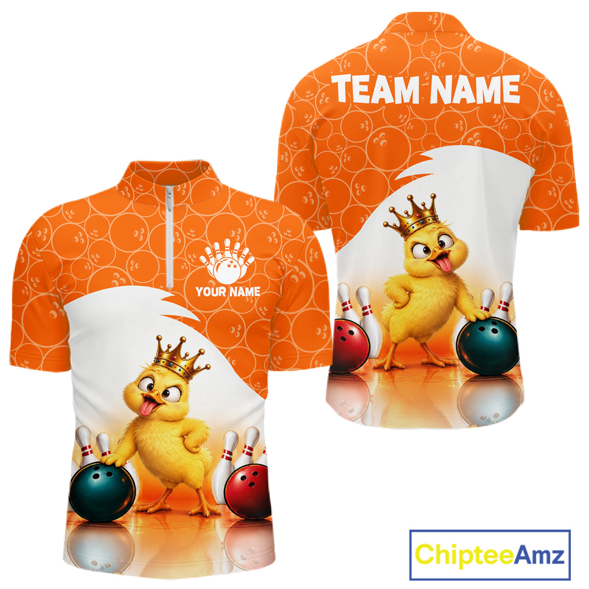 Custom Funny Chick Orange Bowling Jersey For Men Bowling Polo & 1/4 Zip Bowling Team Shirts NBT1156