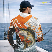 Load image into Gallery viewer, Walleye Fishing Shirt Long Sleeve Hooded Orange Camo, Persionalized Walleye Fishing Jerseys NBT406