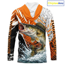 Load image into Gallery viewer, Walleye Fishing Shirt Long Sleeve Hooded Orange Camo, Persionalized Walleye Fishing Jerseys NBT406