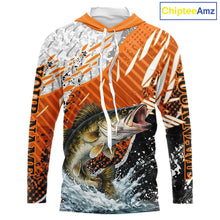 Load image into Gallery viewer, Walleye Fishing Shirt Long Sleeve Hooded Orange Camo, Persionalized Walleye Fishing Jerseys NBT406