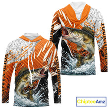 Load image into Gallery viewer, Walleye Fishing Shirt Long Sleeve Hooded Orange Camo, Persionalized Walleye Fishing Jerseys NBT406