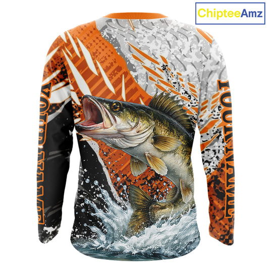 Walleye Fishing Shirts Long Sleeve Orange Camo, Personalized Walleye Fishing Jerseys NBT406