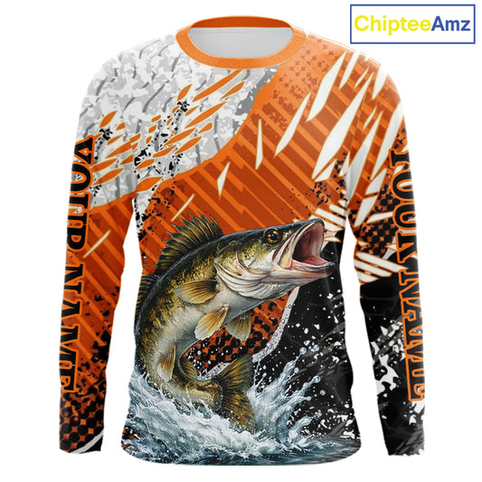 Walleye Fishing Shirts Long Sleeve Orange Camo, Personalized Walleye Fishing Jerseys NBT406
