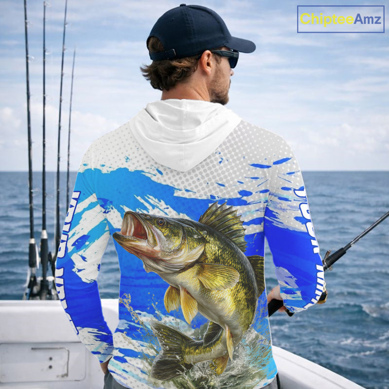 Blue Camo Walleye Fishing Shirt Long Sleeve Hooded, Walleye Fishing Jerseys NBT407