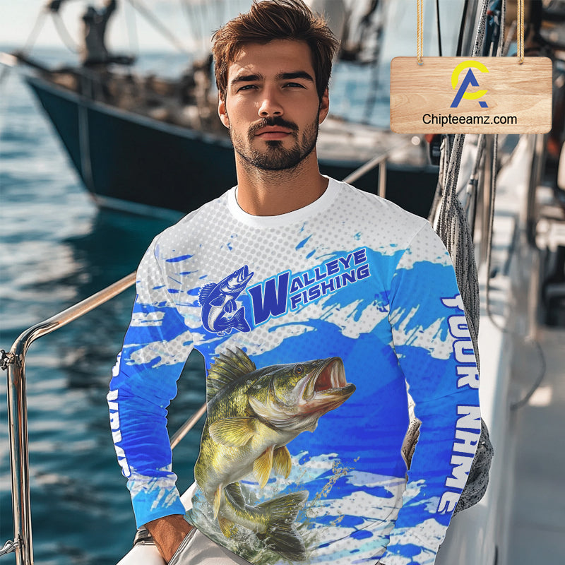 Blue Camo Walleye Fishing Shirts Long Sleeve, Walleye Fishing Jerseys NBT407