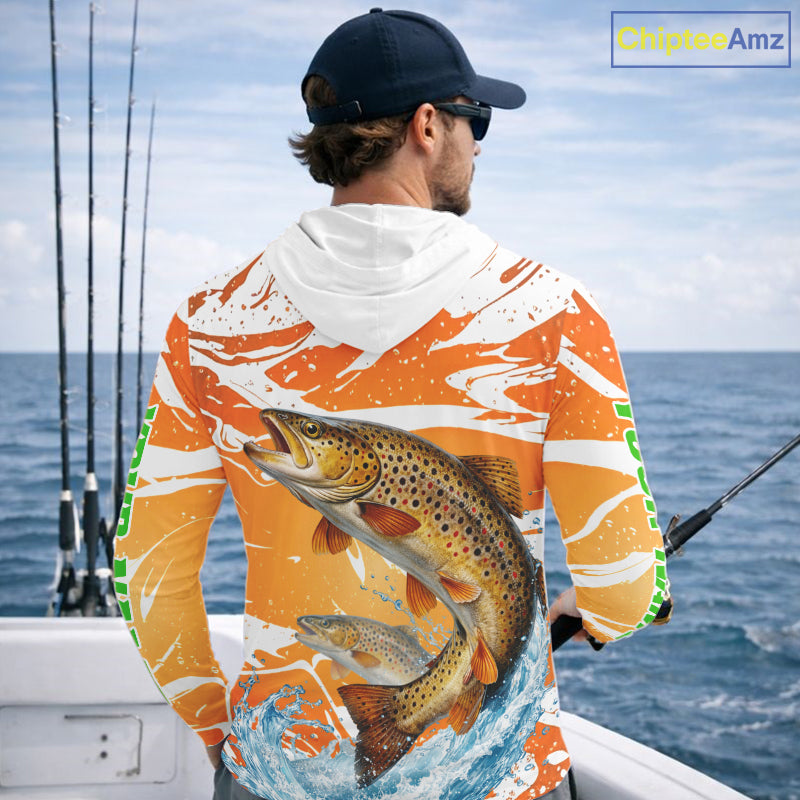 Big Brown Trout Fishing Shirt Long Sleeve Hooded Orange Camo Custom Name, Tournament Fishing Jerseys NBT410