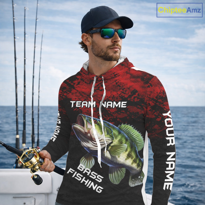 Personalized Largemouth Bass Hooded Fishing Shirts Red Camo Custom Name, Bass Fishing Shirts NBT466