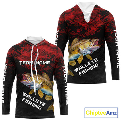 Personalized Walleye Long Sleeve Fishing Shirts Red Camo Custom Name Walleye Fishing Shirts NBT371