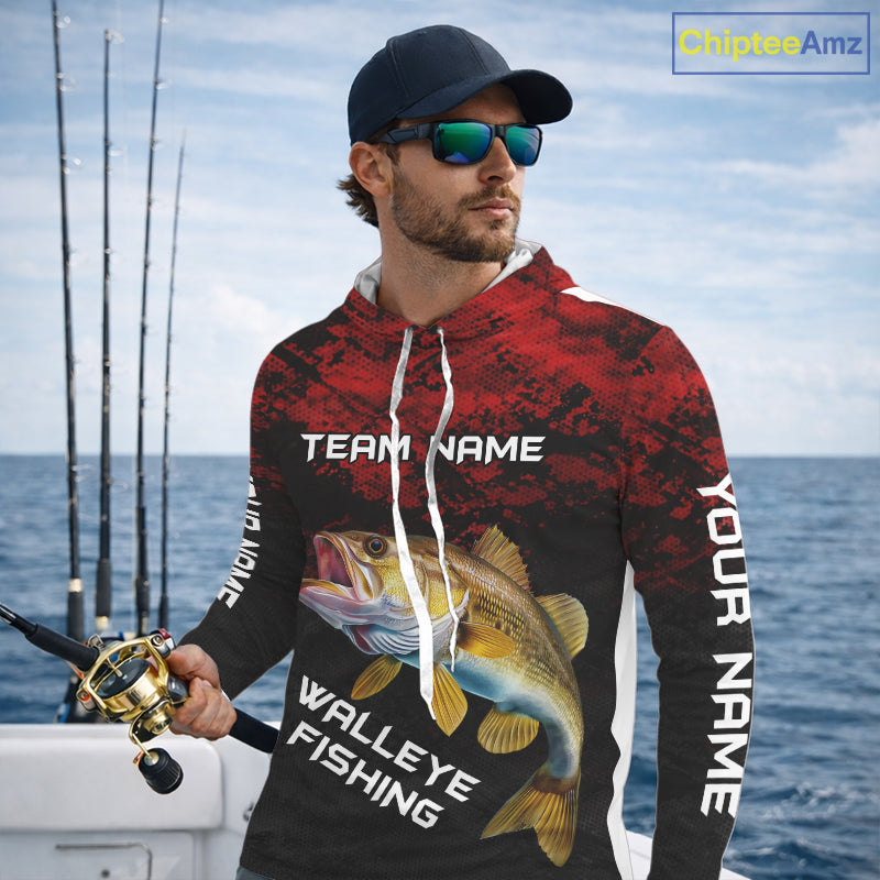 Personalized Walleye Long Sleeve Fishing Shirts Red Camo Custom Name Walleye Fishing Shirts NBT371