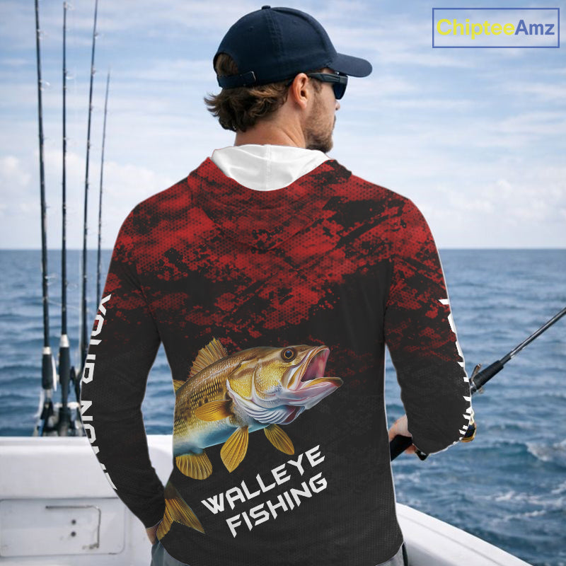 Personalized Walleye Long Sleeve Fishing Shirts Red Camo Custom Name Walleye Fishing Shirts NBT371