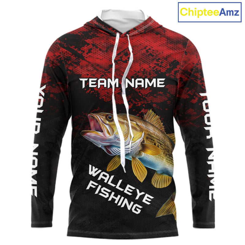 Personalized Walleye Long Sleeve Fishing Shirts Red Camo Custom Name Walleye Fishing Shirts NBT371
