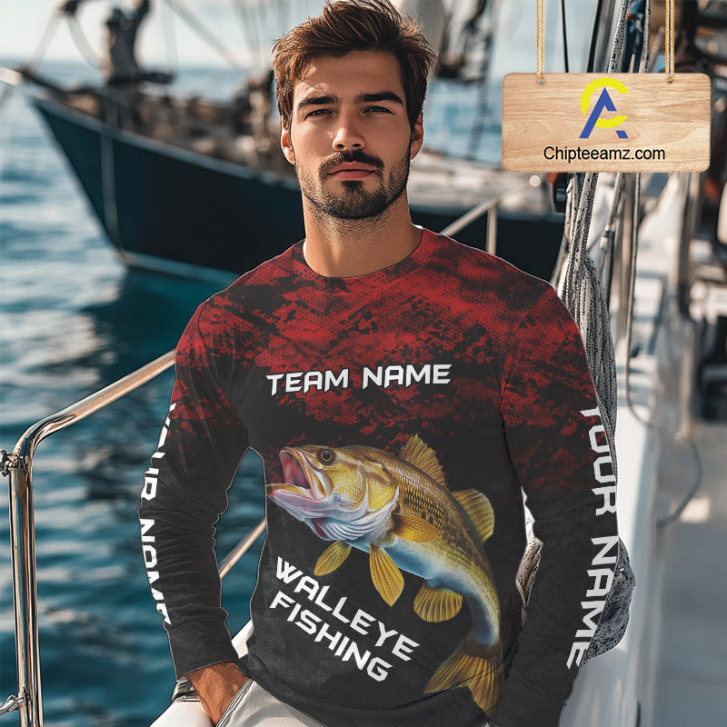 Personalized Walleye Long Sleeve Fishing Shirts Red Camo Custom Name Walleye Fishing Shirts NBT371