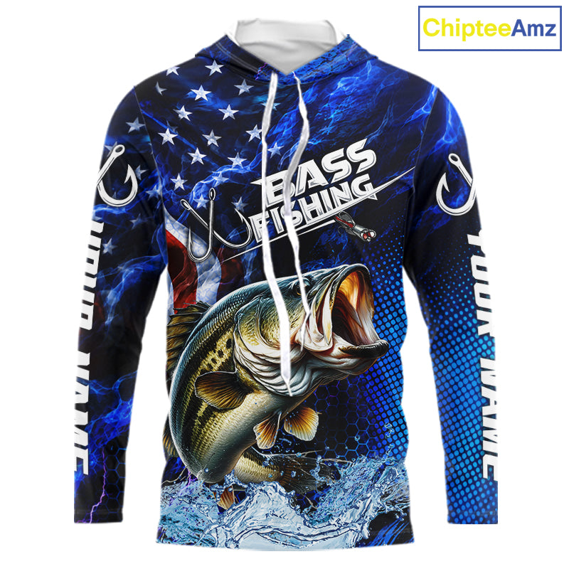 Custom American Flag Bass Long Sleeve Hooded Fishing Shirts, Patriotic Blue Flame Bass Fishing Jerseys NBT979