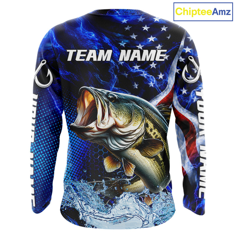 Custom American Flag Bass Long Sleeve Fishing Shirts, Patriotic Blue Flame Bass Fishing Jerseys NBT979