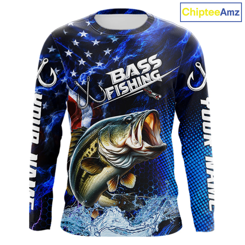 Custom American Flag Bass Long Sleeve Fishing Shirts, Patriotic Blue Flame Bass Fishing Jerseys NBT979