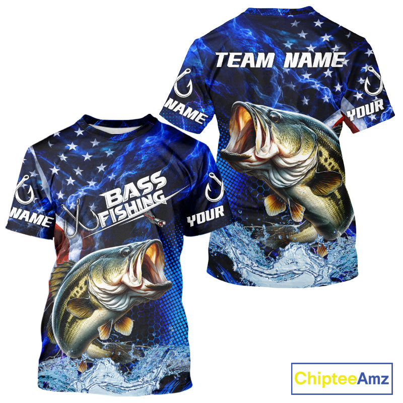 Custom American Flag Bass Fishing T-Shirts, Patriotic Blue Flame Bass Fishing Jerseys NBT979