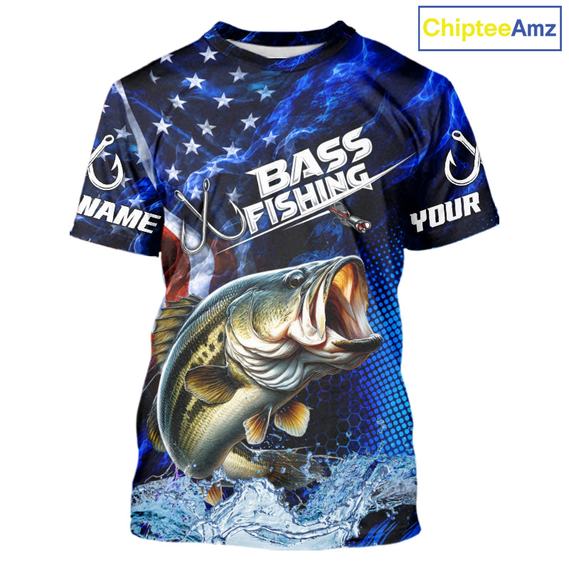 Custom American Flag Bass Fishing T-Shirts, Patriotic Blue Flame Bass Fishing Jerseys NBT979
