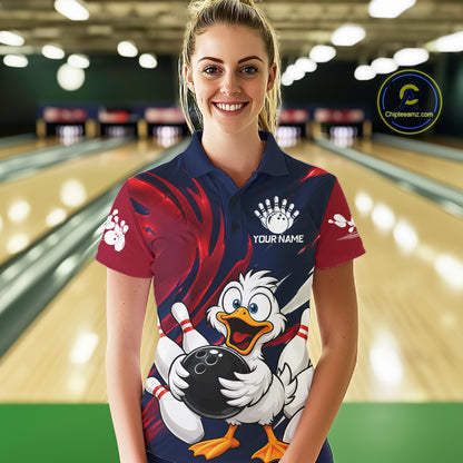 Custom Funny Red Blue Duck Womens Bowling Jersey Polo & 1/4 Quarter Zip, Duck Bowling Team Shirts NBT980