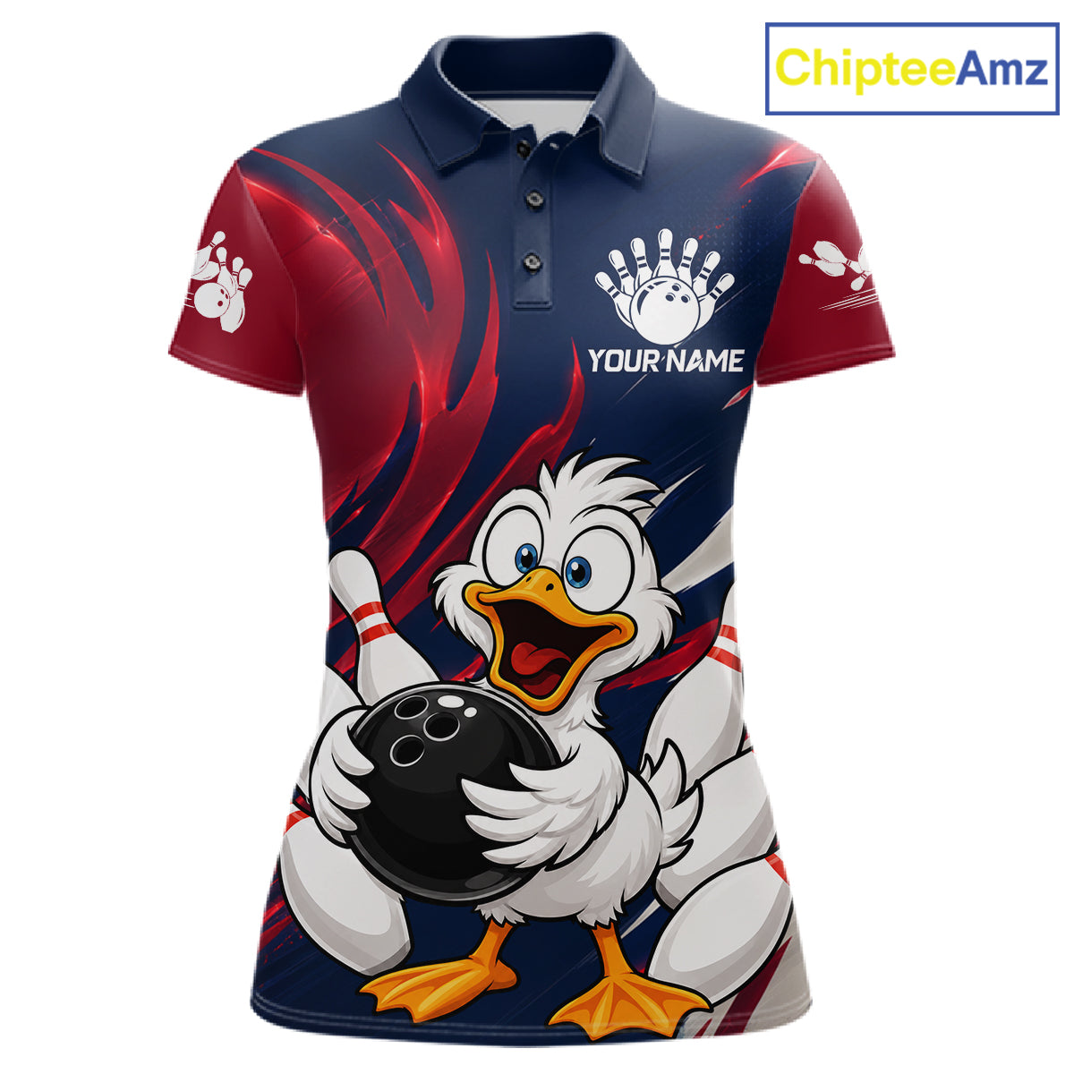 Custom Funny Red Blue Duck Womens Bowling Jersey Polo & 1/4 Quarter Zip, Duck Bowling Team Shirts NBT980