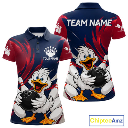 Custom Funny Red Blue Duck Womens Bowling Jersey Polo & 1/4 Quarter Zip, Duck Bowling Team Shirts NBT980