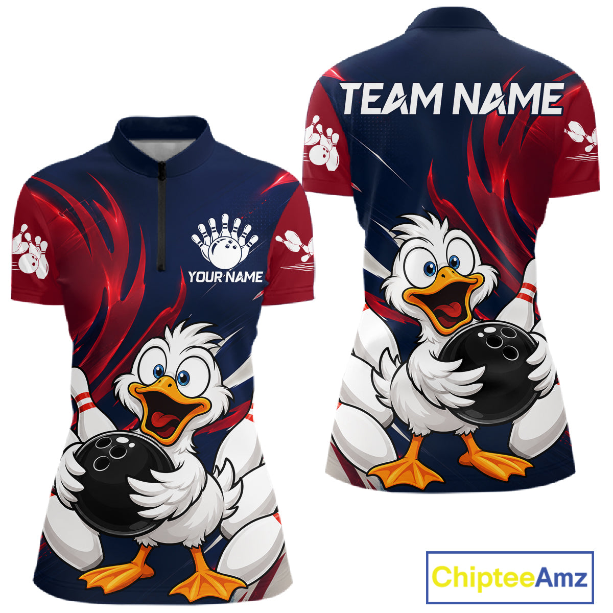 Custom Funny Red Blue Duck Womens Bowling Jersey Polo & 1/4 Quarter Zip, Duck Bowling Team Shirts NBT980