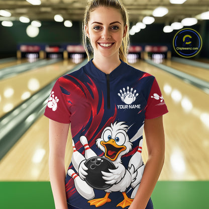 Custom Funny Red Blue Duck Womens Bowling Jersey Polo & 1/4 Quarter Zip, Duck Bowling Team Shirts NBT980