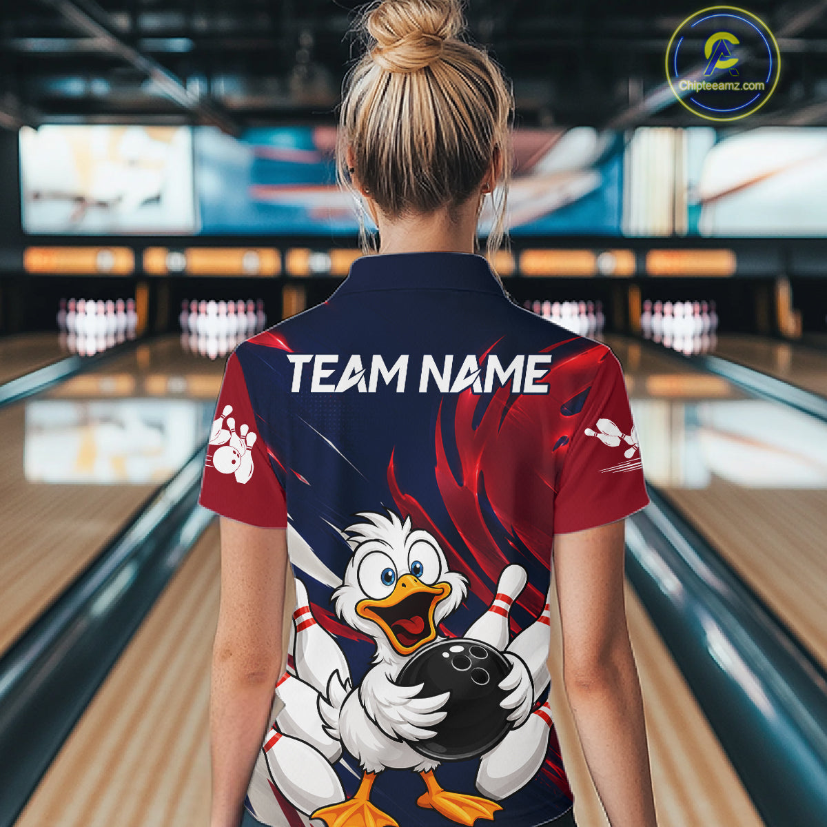 Custom Funny Red Blue Duck Womens Bowling Jersey Polo & 1/4 Quarter Zip, Duck Bowling Team Shirts NBT980