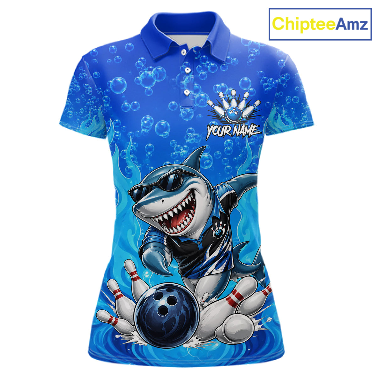 Custom Funny Blue Shark Bowling Polo Shirts For Women, Shark Bowling Team Shirt NBT981