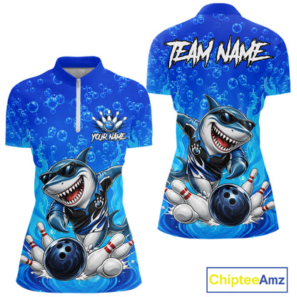 Custom Funny Blue Shark Bowling Polo Shirts For Women, Shark Bowling Team Shirt NBT981