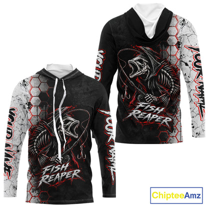 Personalized Fishing Fish Reaper Long Sleeve Hooded Fishing Shirts, Fish Reaper Skull Fishing Jerseys NBT1049