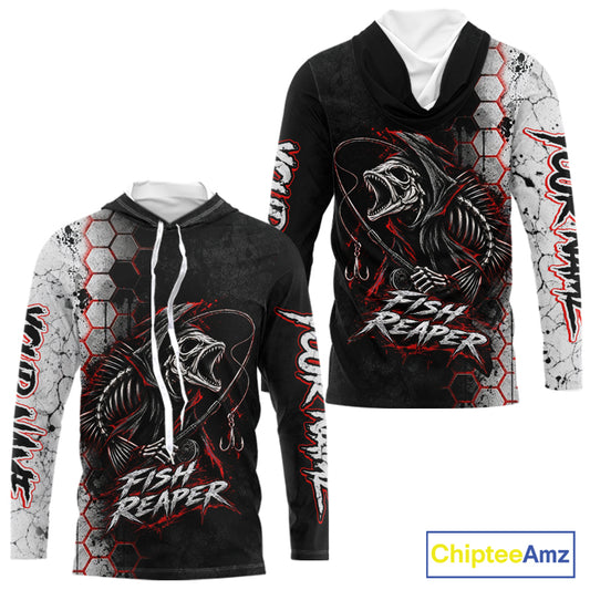Personalized Fishing Fish Reaper Long Sleeve Hooded Fishing Shirts, Fish Reaper Skull Fishing Jerseys NBT1049