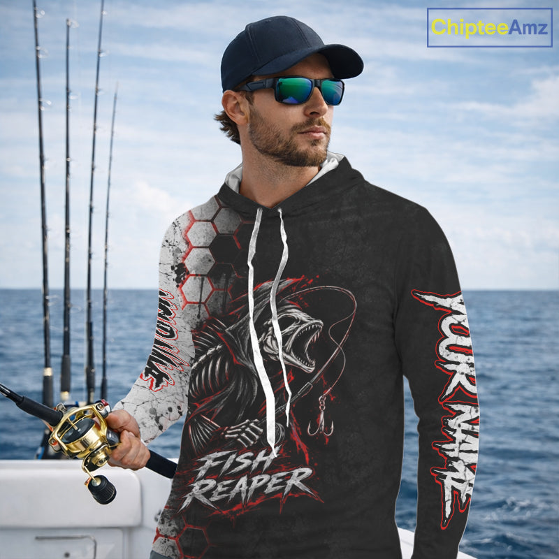 Personalized Fishing Fish Reaper Long Sleeve Hooded Fishing Shirts, Fish Reaper Skull Fishing Jerseys NBT1049