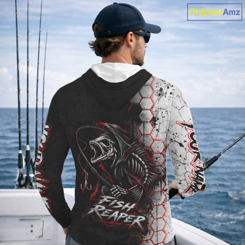 Personalized Fishing Fish Reaper Long Sleeve Hooded Fishing Shirts, Fish Reaper Skull Fishing Jerseys NBT1049