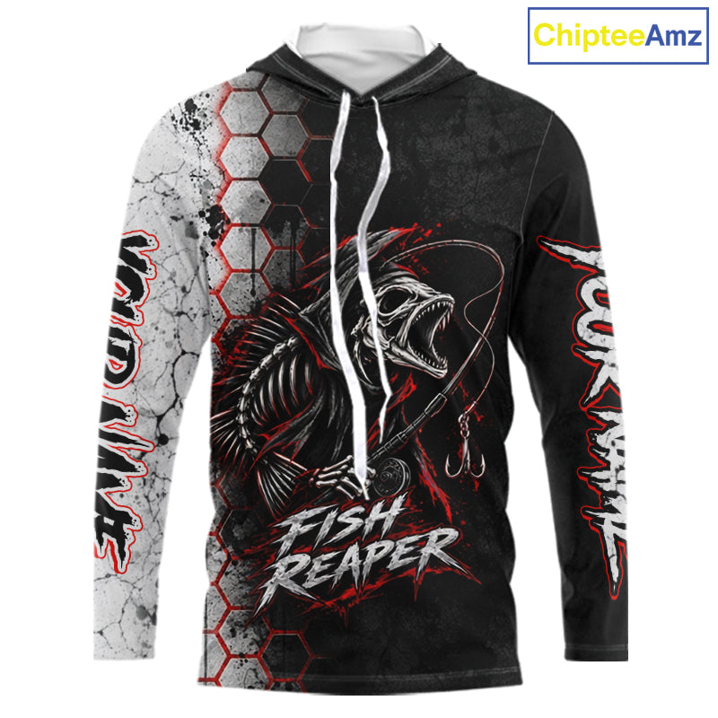 Personalized Fishing Fish Reaper Long Sleeve Hooded Fishing Shirts, Fish Reaper Skull Fishing Jerseys NBT1049