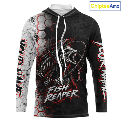 Personalized Fishing Fish Reaper Long Sleeve Hooded Fishing Shirts, Fish Reaper Skull Fishing Jerseys NBT1049