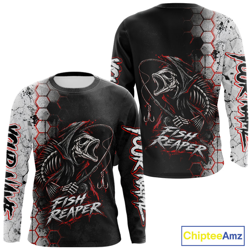 Personalized Fishing Fish Reaper Long Sleeve Fishing Shirts, Fish Reaper Skull Fishing Jerseys NBT1049