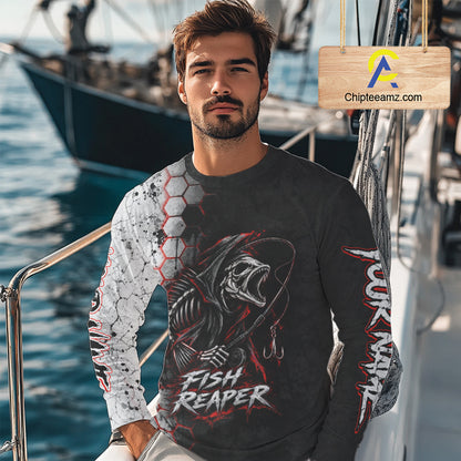Personalized Fishing Fish Reaper Long Sleeve Fishing Shirts, Fish Reaper Skull Fishing Jerseys NBT1049