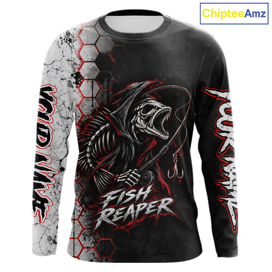 Personalized Fishing Fish Reaper Long Sleeve Fishing Shirts, Fish Reaper Skull Fishing Jerseys NBT1049