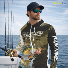 Load image into Gallery viewer, Green Camo Custom Walleye Fishing Shirt Long Sleeve Hooded, Walleye Fishing Jerseys NBT413