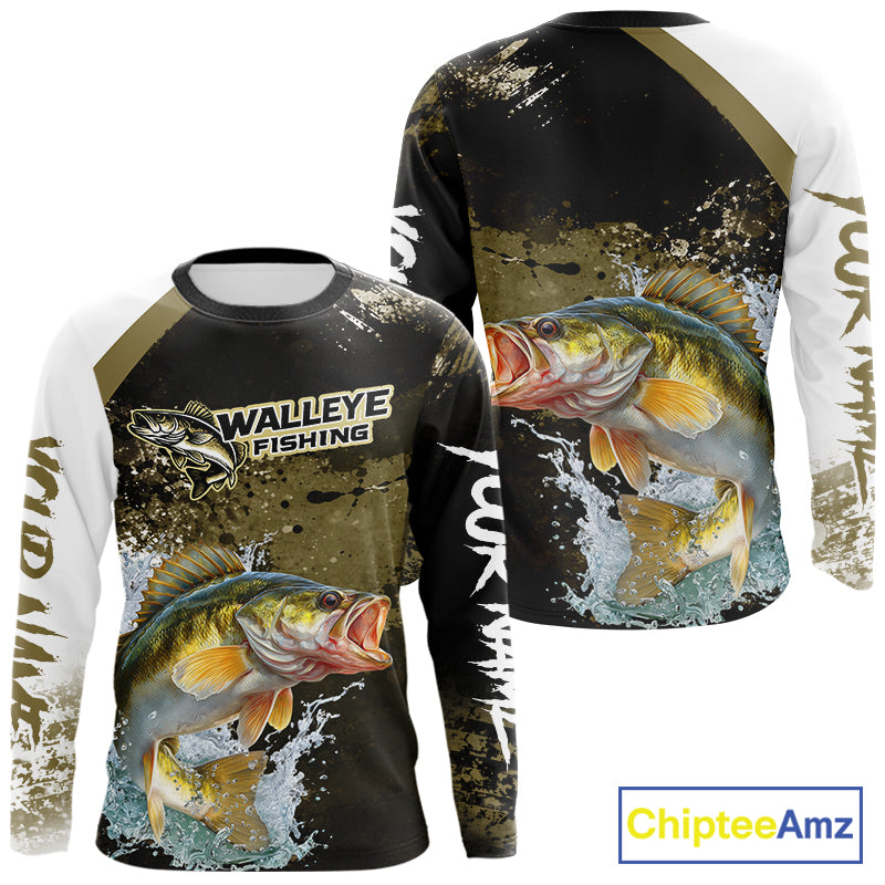 Green Camo Custom Walleye Fishing Shirts Long Sleeve, Walleye Fishing Jerseys NBT413