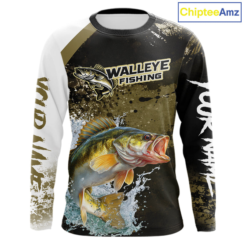 Green Camo Custom Walleye Fishing Shirts Long Sleeve, Walleye Fishing Jerseys NBT413