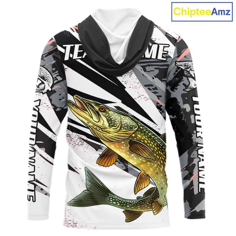 Gray Camo Pike Fishing Jerseys For Men, Custom Pike Fishing Shirt Long Sleeve Hooded NBT415