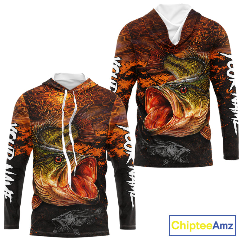 Personalized Big Bass Fishing Jerseys Orange Camo, Bass Fishing Shirt Long Sleeve Hooded NBT416