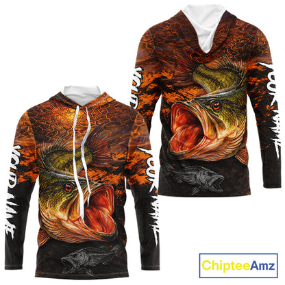 Personalized Big Bass Fishing Jerseys Orange Camo, Bass Fishing Shirt Long Sleeve Hooded NBT416